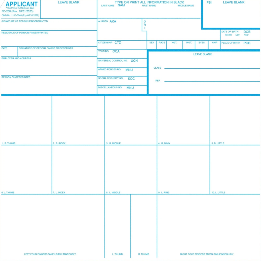Blank FBI FD-258 applicant fingerprint card used for ink fingerprinting